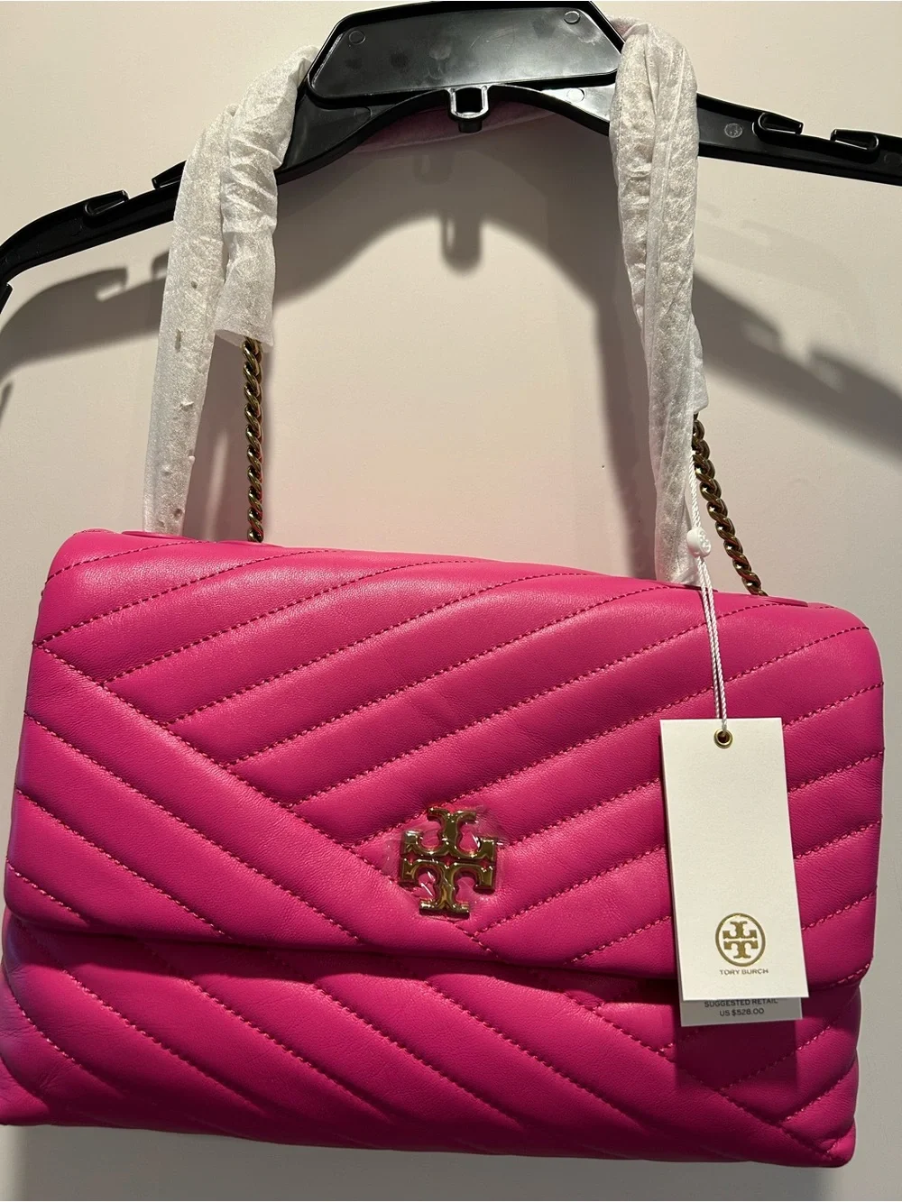 Tory Burch Hot Pink Quilted Chain Shoulder Bag with Gold Logo